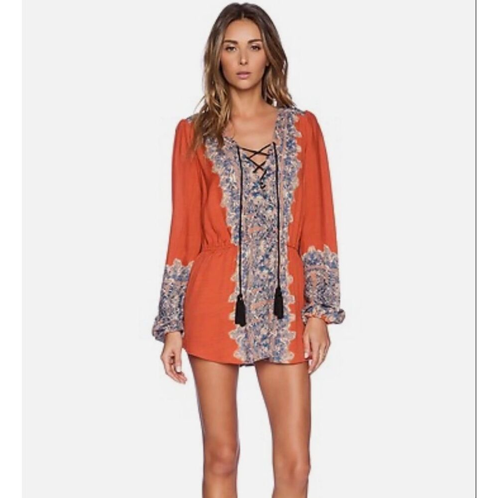 Free People Rust Orange Floral Lace-Up Boho Blouse